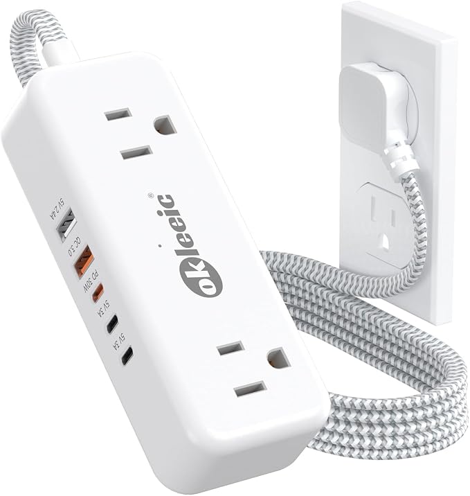 PD30W USB C Travel Power Strip,Cruise Power Strip with 5 USB(3 USB-C) Ports and 4 Outlets, Braided Extension Cord 5Ft, 30W Fast Charging Station Compatible with MacBook Laptops iPad Pro iPhone Samsung