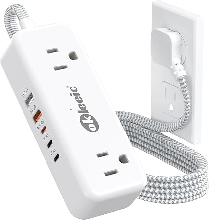 PD30W USB C Travel Power Strip,Cruise Power Strip with 5 USB(3 USB-C) Ports and 4 Outlets, Braided Extension Cord 5Ft, 30W Fast Charging Station Compatible with MacBook Laptops iPad Pro iPhone Samsung