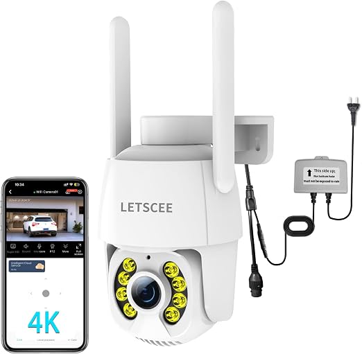 LETSCEE 4K 8MP Wired Outdoor Security Camera,Dual Power Options,Plug in,360° Pan 90° Tilt with Auto Tracking,Full Color Night Vision,2-Way Audio,Waterproof,24/7 Recording,2.4GHz WiFi Only