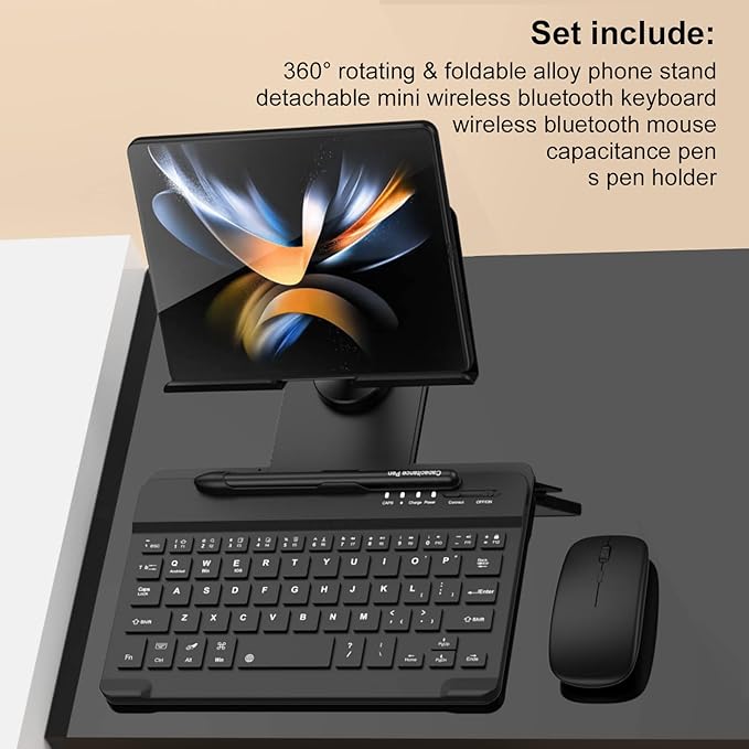 Desktop Stand & Bluetooth Keyboard Combo for Galaxy Z Fold 7/6/5/4 & Z Trifold, 4-in-1 Includes Mouse Pen, Slot, Adjustable Foldable Tablet Stand, Fits 4.7"-13" Tablets Cellphone, Black