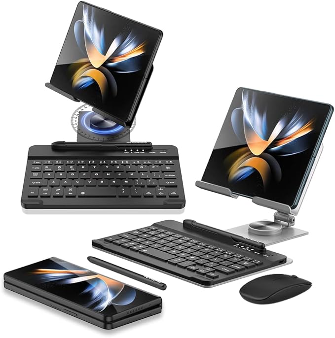 SHIEID Galaxy Z Fold 7 360° Rotating POS Tablet Stand, Zip Pull-Out, Integrated Folding Design Set with Folding Bracket, Keyboard, Mouse, Capacitor Pen?“Compatible with Galaxy Z Fold7//6/5/4/3, Silver
