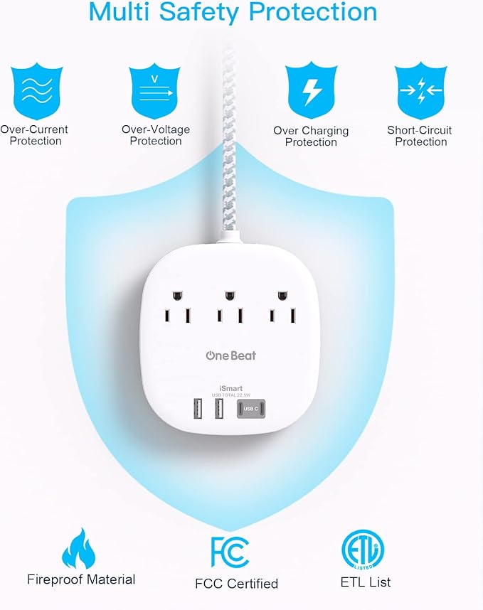 Flat Plug Power Strip, Flat Extension Cord 3 Ft - 3 Outlets 4 USB Ports (2 USB C) 22.5W/4.5A Desktop Charging Station, Power Strip No Surge Protection for Cruise Ship, Dorm Room Travel Essentials