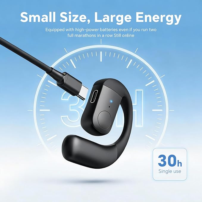 F22 Wireless Bluetooth Open Ear Bone Conduction Earbud, White, Single Ear, 30H Playtime, IPX5 Waterproof, Bluetooth 5.3, USB-C, Noise Cancellation