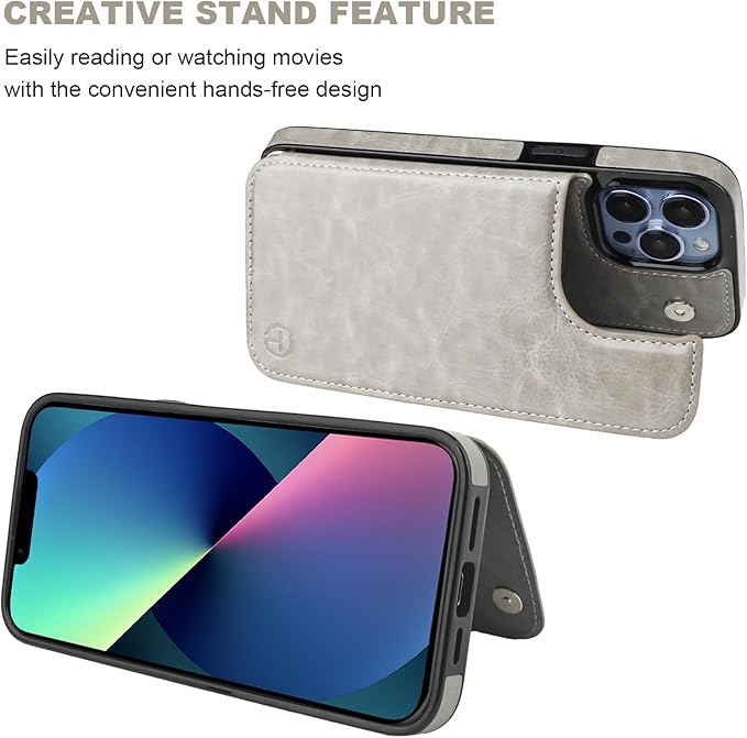 ONETOP Compatible with Magsafe for iPhone 13 Pro Max Wallet Case with Card Holder, PU Leather Kickstand RFID Blocking Case, Double Magnetic Clasp and Durable Shockproof Cover 6.7 Inch (Grey)