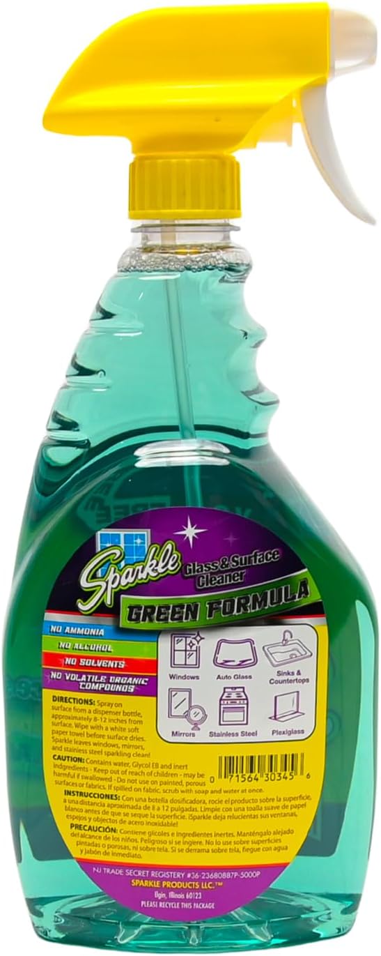 Sparkle Green Formula Glass Cleaner, 33.8 Oz Bottle, 12/Carton