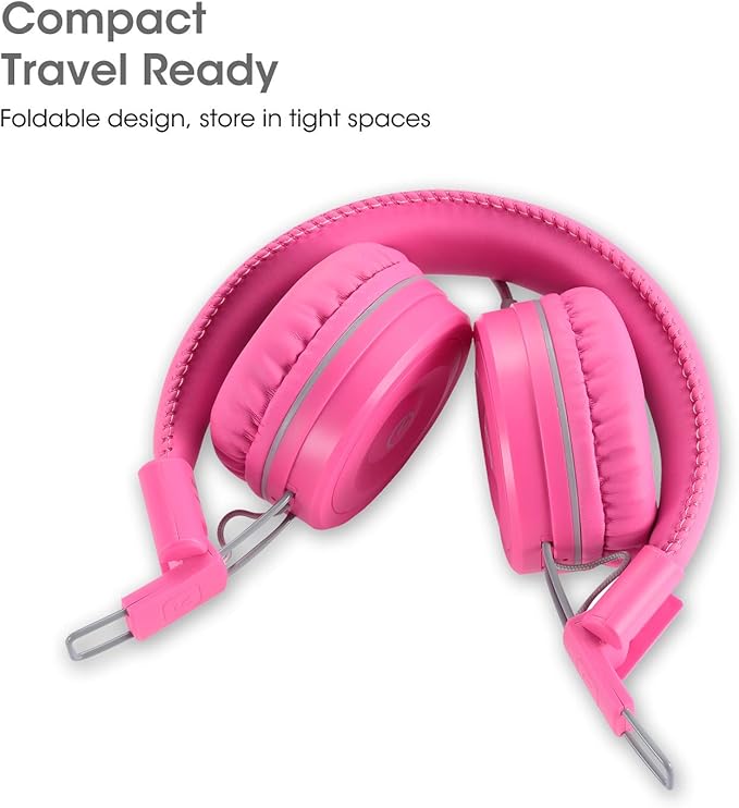 noot products Kids Headphones K22 Foldable Stereo Tangle-Free 5ft Long Cord 3.5mm Jack Plugin Wired On-Ear Headset for iPad/Amazon Kindle Fire/Girls/School/Laptop/Travel/Plane/Tablet FlamingoPink