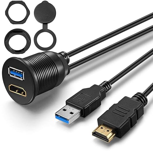 – USB3.0 and HDMI Extension Flush Dash Panel Mount Cable for Car Boat Motorcycle (6 Feet)
