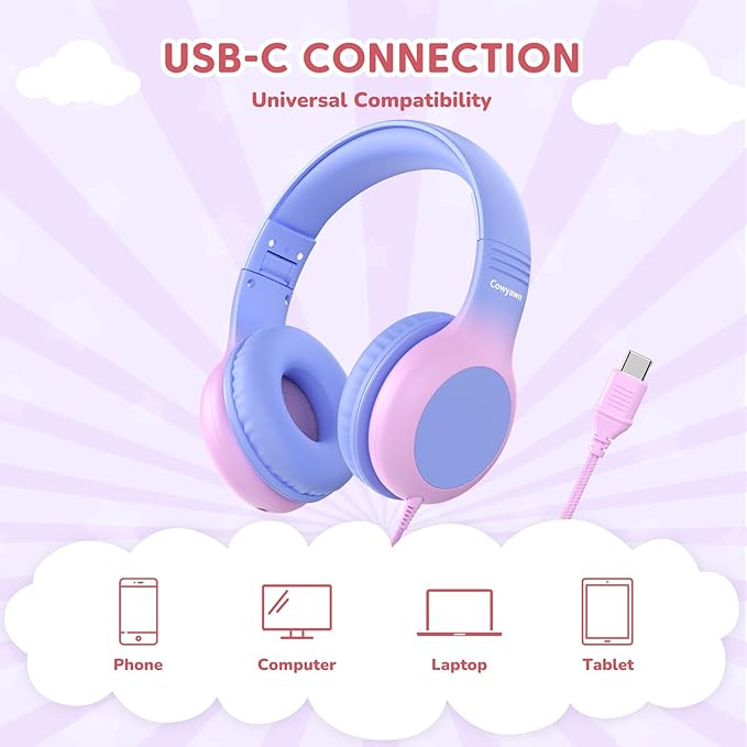 USB Type C Kids Headphones, Wired Headphones for Kids with Microphone, 85/94dB Volume Limit, Stereo Sound, Foldable Over-Ear USB-C Headphones for School/Travel/Tablet/iPad, Purple
