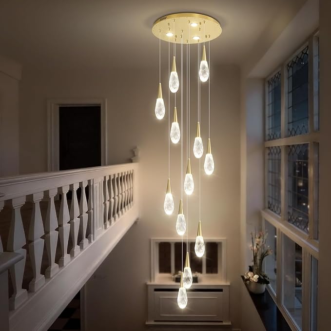 H118 Chandeliers for High Ceiling Gold Modern Crystal Pendant Light 12-Lights Crystal Raindrop Chandelier for Living Room Staircase Villa