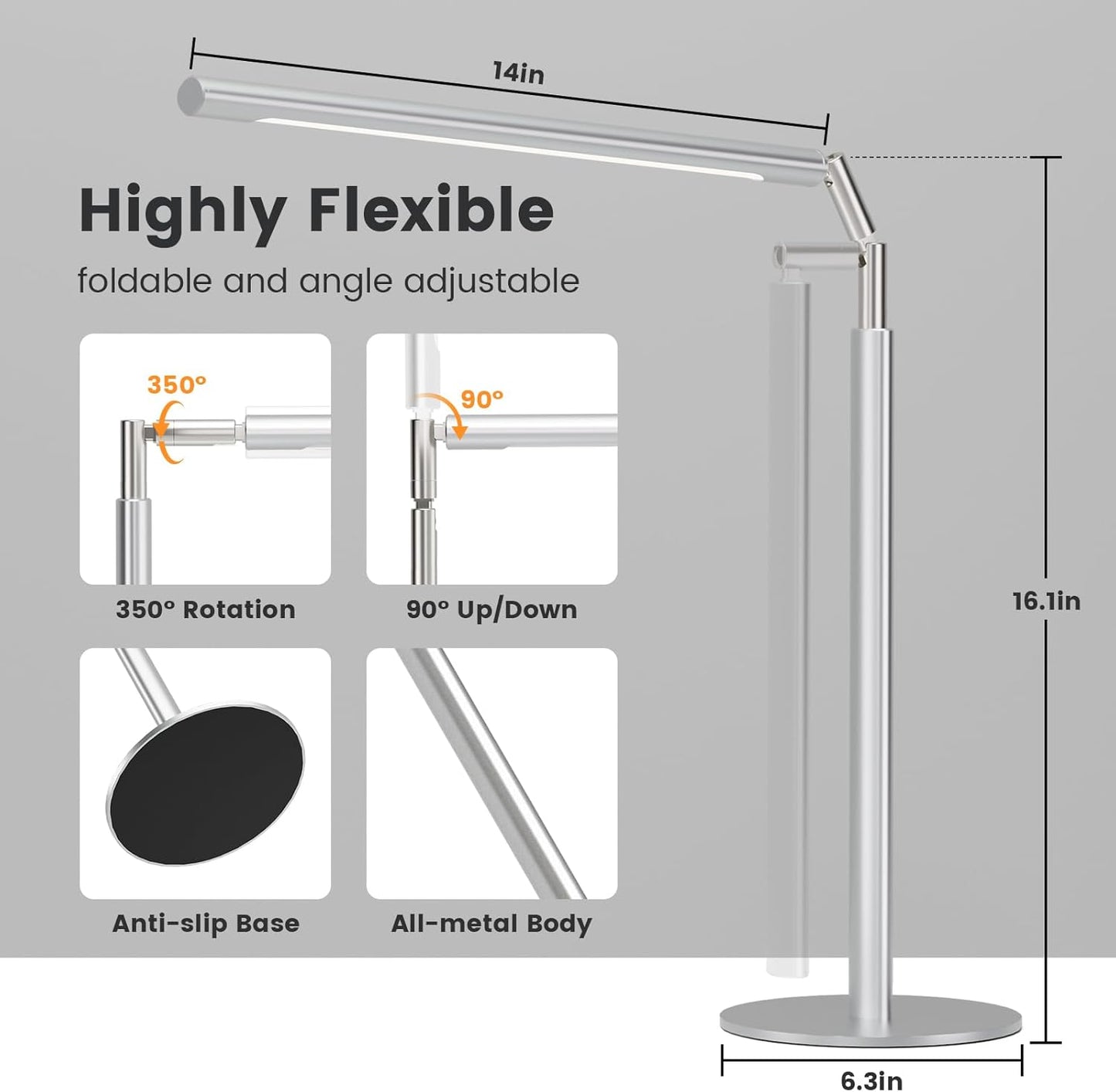16 Inch Foldable LED Desk Lamp 4 Color Temps 15W 1200 Lumens Dimmable with Flexible Arm for Home Office Study Silver