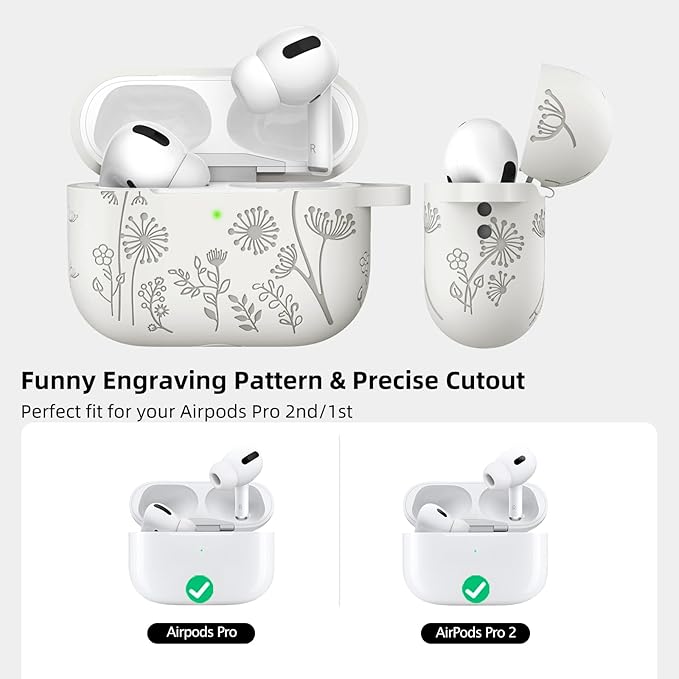 Lerobo Flower Engraved Cover for Airpods Pro Case 2nd Generation Cute, Full Protective Case Compatible with Apple AirPod Pro/Pro 2 Case USB C Soft Silicone Skin, Front LED Visible, Starlight