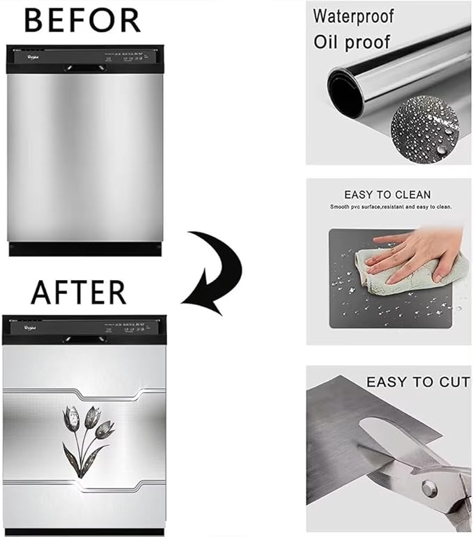 Silver Stainless Steel Effect Dishwasher Magnetic Cover Personalized Metal Flowers Universal Panel Decal for Refrigerator Magnet 23 x 26 Inch Home Kitchen Fridge Magnets