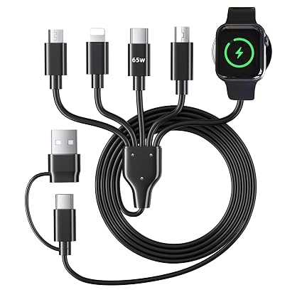 YIFYSUN 5-in-2 (65W) Multi Charging Cable with iWatch Charger : USB A/C Input, Type C/IP/Micro USB/Mini B Cable Cord for iWatch Ultra/SE/10-1/iPhone 17-11/Galaxy S25-S20/Garmin GPS-Black, 4FT - Image 4