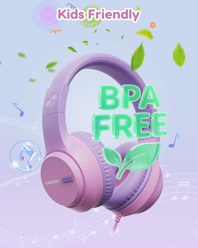 Kids Headphones, 74/85/94dB Volume Limiter, Foldable Wired Over Ear Headphones for Travel, 3.5mm Jack, Toddler Headphones for School, Chromebook, iPad, Tablet, Purple Pink