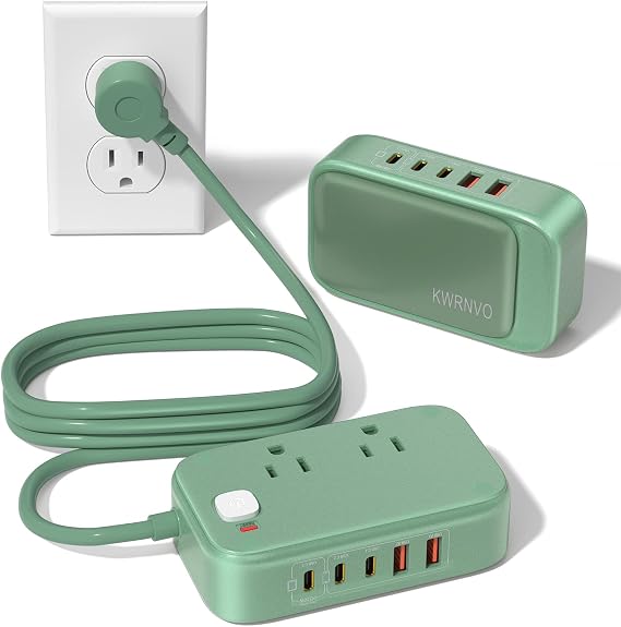 Portable Travel Power Strip with PD20W 7-in-1 Fast Charging 5 USB Ports 2500W AC Outlets 5FT Flat Plug Extension Cord for Home Office Travel