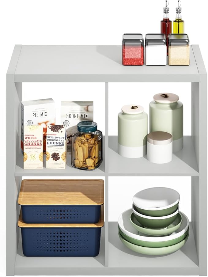 Furinno Hermite 4-Cube Open Shelves Kitchen Storage, Kitchen Island, Bakers Rack, Buffet Sideboard, Light Grey