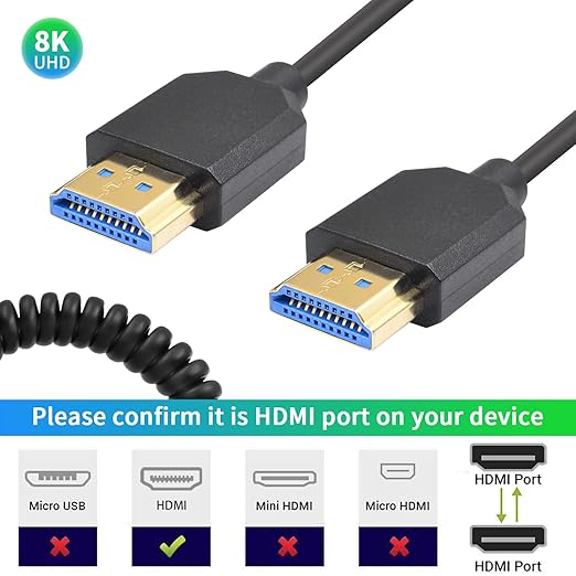 Duttek 8K Coiled HDMI Cable 3FT-8FT, HDMI Coild Cable 48Gbps, Extreme Thin HDMI Male to Male Cable 8K@60Hz Compatible with Monitor, Laptop, UHD TV, PC