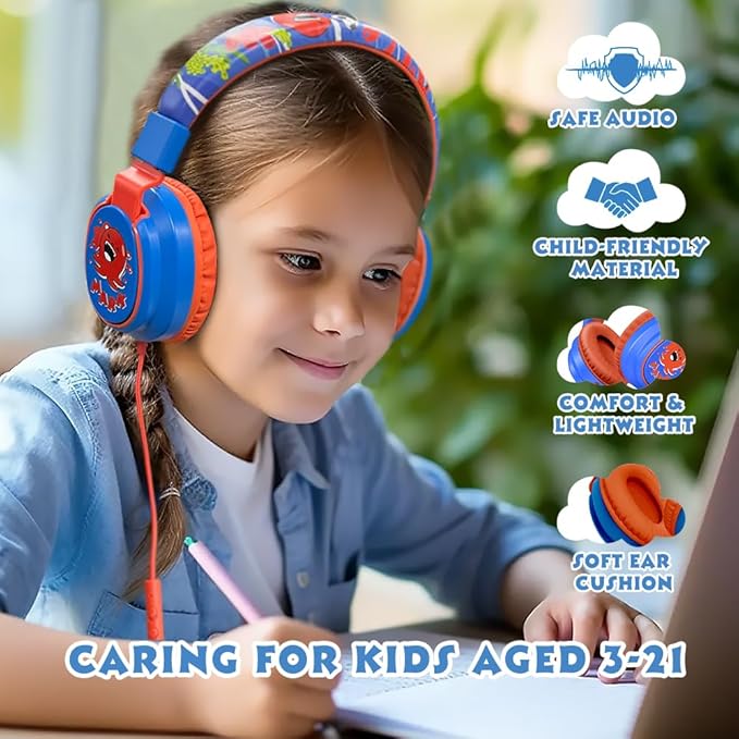 MIDOLA Kids Headphones Volume Limited 85/110dB for Over-Ear Foldable Sound Protection Headset with Mic Inline AUX 3.5mm Cord for Child School Travel Tablet Pad Notebook Cartoon Blue