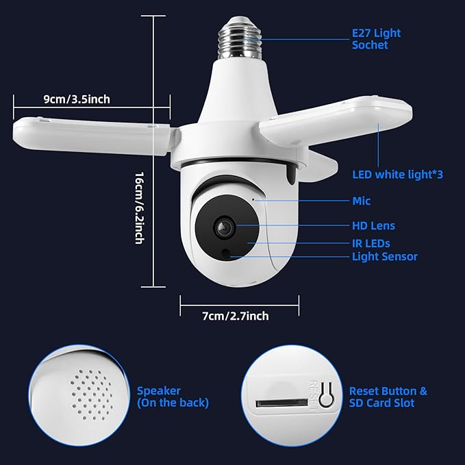TOWODE Light Bulb Security Camer,LED Light Bulb Camera 3MP HD Smart Garage Security Camera with AI Human Detection,Two-Way Audio,Color Night Vision,Compatible with Alexa（with 64G TFcard）