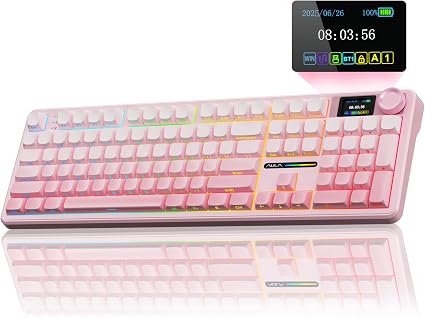 AULA F108 PRO - Wireless Mechanical Keyboard with Screen & Knob,Full Size Keyboard with 8000mAh Battery,Pre-lubed Switches,Side Printed PBT Keycaps,RGB Backlit Hot Swappable Custom Pink Keyboards