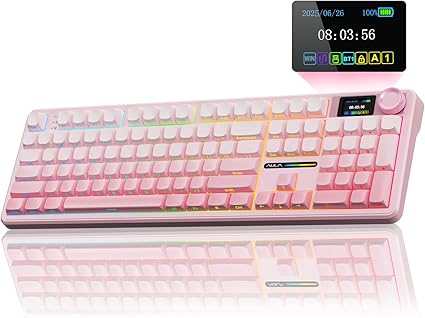 AULA F108 PRO - Wireless Mechanical Keyboard with Screen & Knob,Full Size Keyboard with 8000mAh Battery,Pre-lubed Switches,Side Printed PBT Keycaps,RGB Backlit Hot Swappable Custom Pink Keyboards
