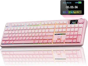AULA F108 PRO - Wireless Mechanical Keyboard with Screen & Knob,Full Size Keyboard with 8000mAh Battery,Pre-lubed Switches,Side Printed PBT Keycaps,RGB Backlit Hot Swappable Custom Pink Keyboards