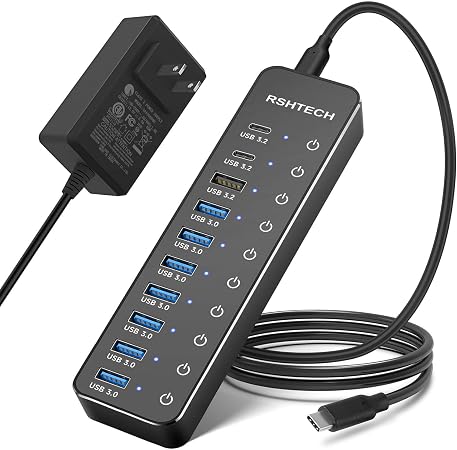 RSHTECH 10-Port Powered USB C 3.2 Hub, Hybrid USB Hub 60W, RSH-ST10C - Image 3