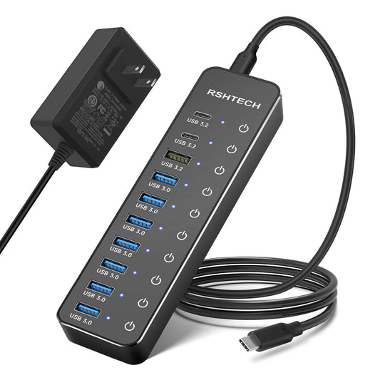 RSHTECH 10-Port Powered USB C 3.2 Hub, Hybrid USB Hub 60W, RSH-ST10C