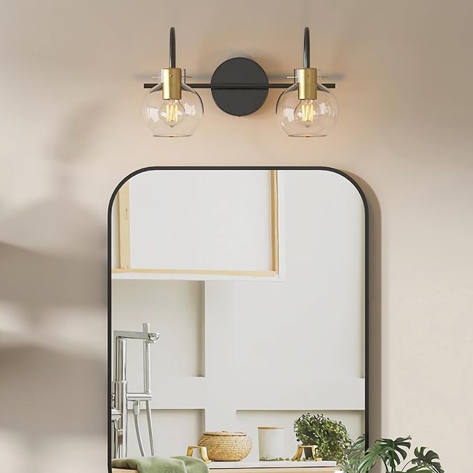 Modern Bathroom Vanity Light 2-Light Wall Sconce, Black & Gold Finish with Clear Glass Shades, Bathroom Light Fixtures Mirror Lighting for Kitchen, Bedroom, Hallway, – Easy Installation