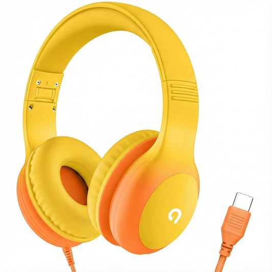 Wired Kids Headphones with USB C Plug, 85dB Safe Volume, Adjustable Headband, Tangle-Free Cord Headphones for School, Tablet, Travel (Yellow & Orange, Without Microphone)