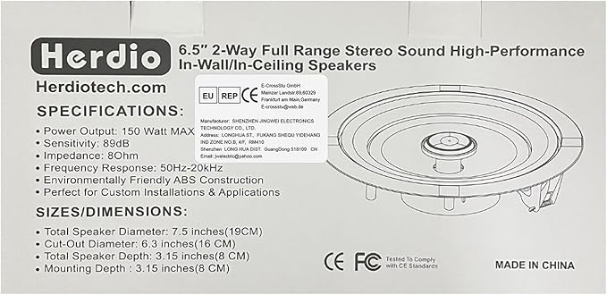 Herdio 6.5" 600 Watts Bluetooth Ceiling Speakers Wireless Home Recessed Speaker System Suitable for Indoor,Kitchen,Home Theater,Bedroom,Office,Covered Patio（4 Speakers）