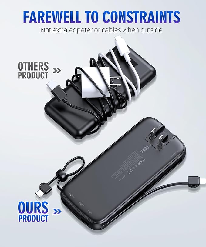 Portable-Charger-Power-Bank - 15000mAh Power Bank Supports PD 30W Fast Charging Built-in AC Wall Plug and 2 Output Cables with LED Display for iPhone iPad and Most Electronic Devices(Black)