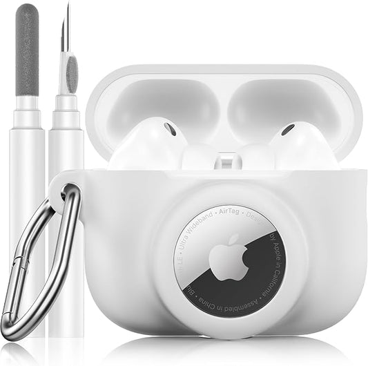 2 in 1 Silicone Case Compatible with AirPods Pro 3 and AirTag 2/1, Shockproof Protective Case Cover for AirPods Pro 3rd Generation 2025 with Cleaner Kit & Carabiner (White)