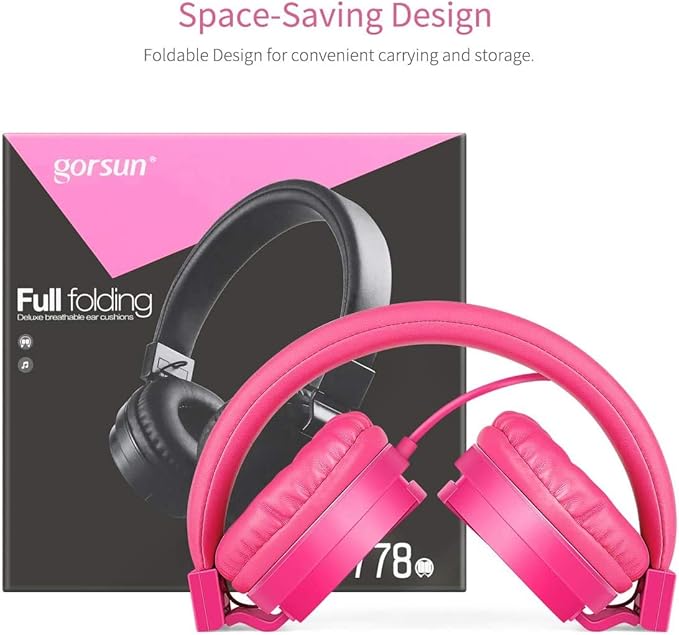 gorsun Kids Headphones, Lightweight Stereo Wired Toddler Headphones, Adjustable Headband Children's Headset for Smartphones Computer Pad Earphones(Pink)