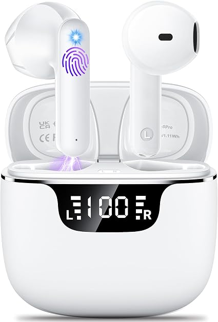 Wireless Earbuds, Bluetooth 5.4 Headphones with 42H Ultralight Ear Buds,Bluetooth Earbuds with 4 ENC Noise Cancelling Mics, HiFi Deep Bass Dual LED Display USB-C, Waterproof Earphones for Android iOS