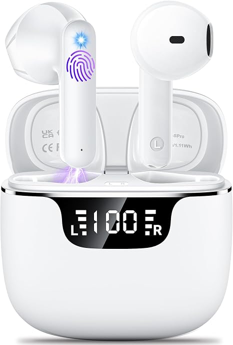 Wireless Earbuds, Bluetooth 5.4 Headphones with 42H Ultralight Ear Buds,Bluetooth Earbuds with 4 ENC Noise Cancelling Mics, HiFi Deep Bass Dual LED Display USB-C, Waterproof Earphones for Android iOS