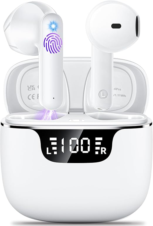 Wireless Earbuds, Bluetooth 5.4 Headphones with 42H Ultralight Ear Buds,Bluetooth Earbuds with 4 ENC Noise Cancelling Mics, HiFi Deep Bass Dual LED Display USB-C, Waterproof Earphones for Android iOS