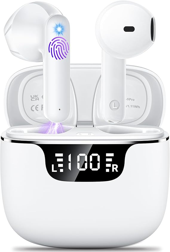 Wireless Earbuds, Bluetooth 5.4 Headphones with 42H Ultralight Ear Buds,Bluetooth Earbuds with 4 ENC Noise Cancelling Mics, HiFi Deep Bass Dual LED Display USB-C, Waterproof Earphones for Android iOS