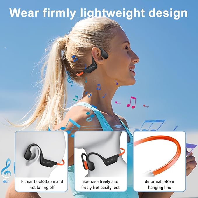 Bone Conduction Headphones,Open Ear Wireless Bluetooth 5.4 Headphones with Mic，IPX6 Waterproof Sport Bluetooth Headset，15H Playback， for Running，Cycling，Walking,Outdoor (Orange)