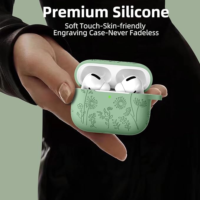 Lerobo Flower Engraved Cover for Airpod Pro 2 Case, Cute Silicone Skin Full Protective Cover Compatible with Apple Airpods Pro 2nd/1st Generation Case with Keychain