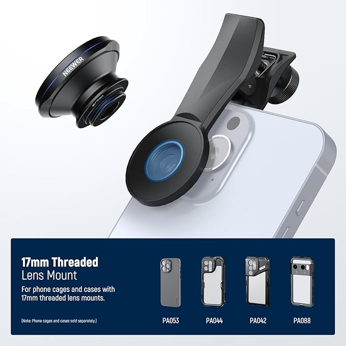 NEEWER 200° Fish Eye VR Lens with 17mm Thread Phone Lens Clip for Panoramic View, Live Streaming, Outdoor Landscape, Architecture, Compatible with iPhone 17 16 Pro Max S25 Ultra