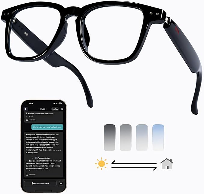 AI Smart Wireless Bluetooth Translation Glasses for Men/Women with Speakers/Bluetooth&140+ Languages Translation Sports/Travel/Drive/Busniess (C1+AI+Color Change Lenses+Black)
