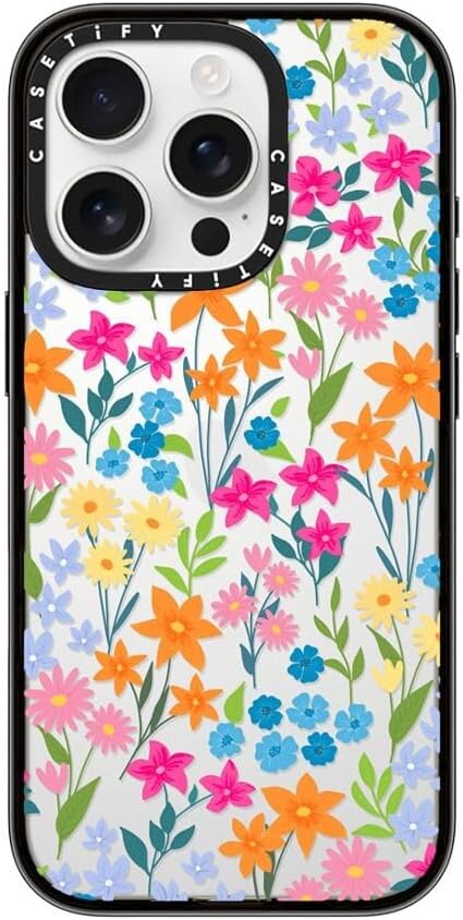 CASETiFY Compact iPhone 16 Pro Case [4 ft. 2X Military Grade Drop Protection/Slim/Lightweight] - Bright Spring Flowers - Clear Black