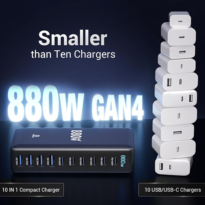 880W USB C Charger Block, 10-Port USB Fast Charging Station Hub, Desktop Charging Station for Multiple Devices for MacBook Pro/Air, DELL, iPad, iPhone, Samsung Galaxy