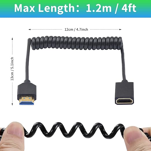 Duttek 8K Coiled HDMI Extension Cable, Extreme Thin HDMI Male to Female Coiled Cable 48Gbps Ultra High Short HDMI Cable 8K@60Hz Resolution Backward Compatible for 4K Ultra HD, 1080p 4FT/1.2M