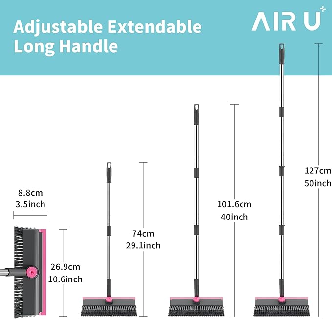 AIR U+ Floor Scrub Brush with Long Handle, 3 in 1 Scrape and Heavy-Duty Stiff Bristle Scrubber Brush for Cleaning Shower Bathroom, Patio, Garage, Kitchen, Wall and Deck, Gray and Pink