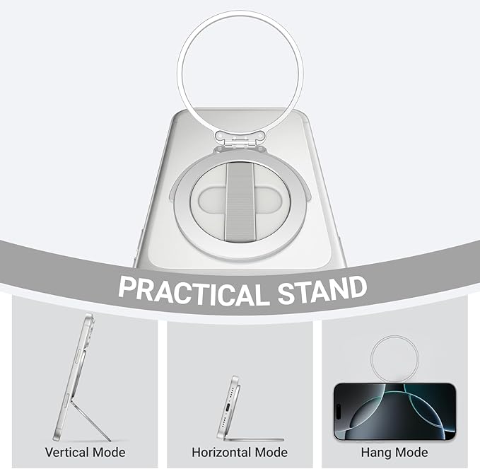 Grat 4 for Magsafe Magnetic Phone Grip Stand, 360° Rotatable Elastic Strap Loop, Detachable Ultra-Thin Aluminum Ring Kickstand Compatible with iPhone 17 Pro Max Air 16 15 14 13 12, Silver
