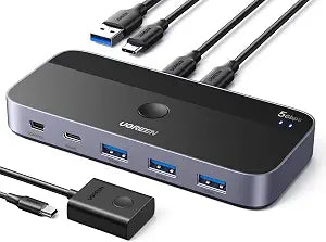 UGREEN USB Switch A & C Input for Computers - Share 4 Ports, Switcher Selector for PC, Laptop, Keyboard, Mouse, Webcam, Microphone - Adapter With 2 USB-C Data Cables and Remote