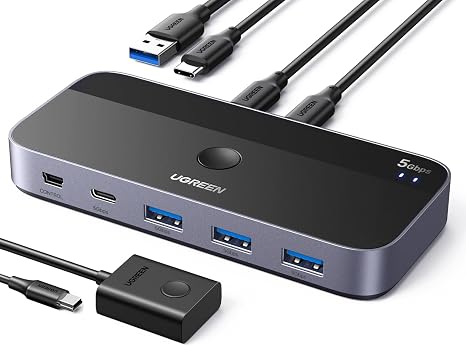 UGREEN USB Switch A & C Input for Computers - Share 4 Ports, Switcher Selector for PC, Laptop, Keyboard, Mouse, Webcam, Microphone - Adapter With 2 USB-C Data Cables and Remote