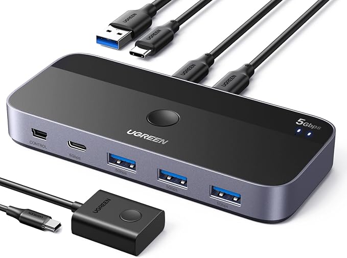 UGREEN USB Switch A & C Input for Computers - Share 4 Ports, Switcher Selector for PC, Laptop, Keyboard, Mouse, Webcam, Microphone - Adapter With 2 USB-C Data Cables and Remote